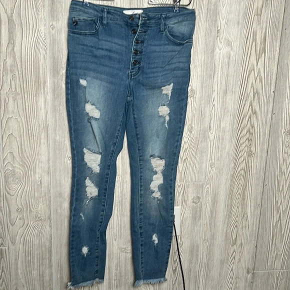 Kancan Medium Wash Raw hem Distressed fly buttons  jeans size 11/29 - Picture 1 of 5